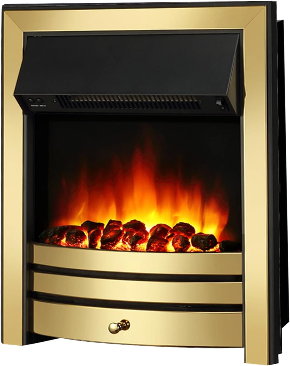 Endeavour Fires Roxby Inset Electric Fire Brass Trim and Fret, 220/240Vac 1&2kW, 7 Day Programmable Remote Control Freestanding Electric Fire (with half depth spacer) Brass 35mm spacer