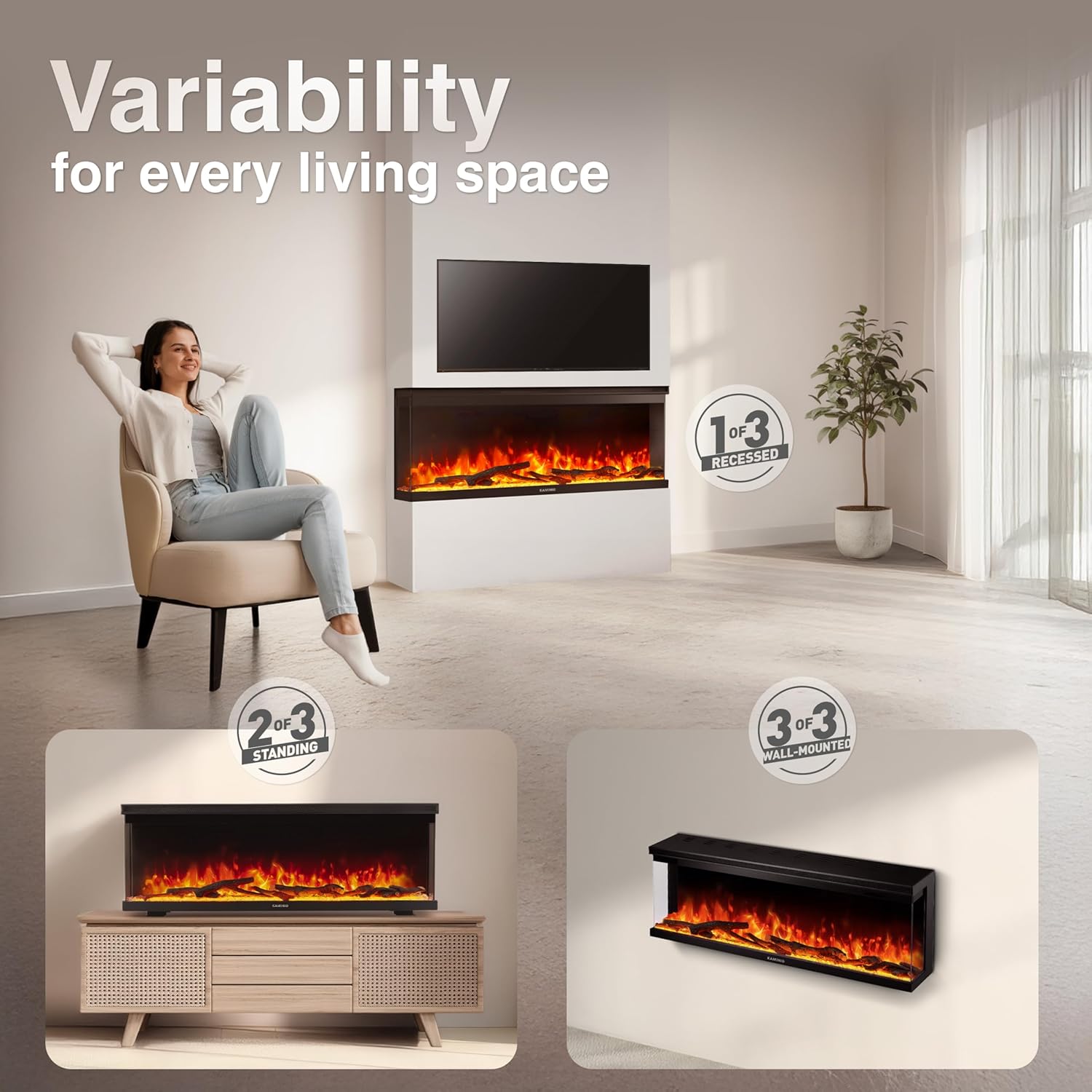Electric Fireplace LEA - Electric 3-in-1 Fireplace with Panoramic View, Heater, 3D Flame Effect, 12 Flame Colors, Remote Control (50 inch) 50 inch (127 cm)