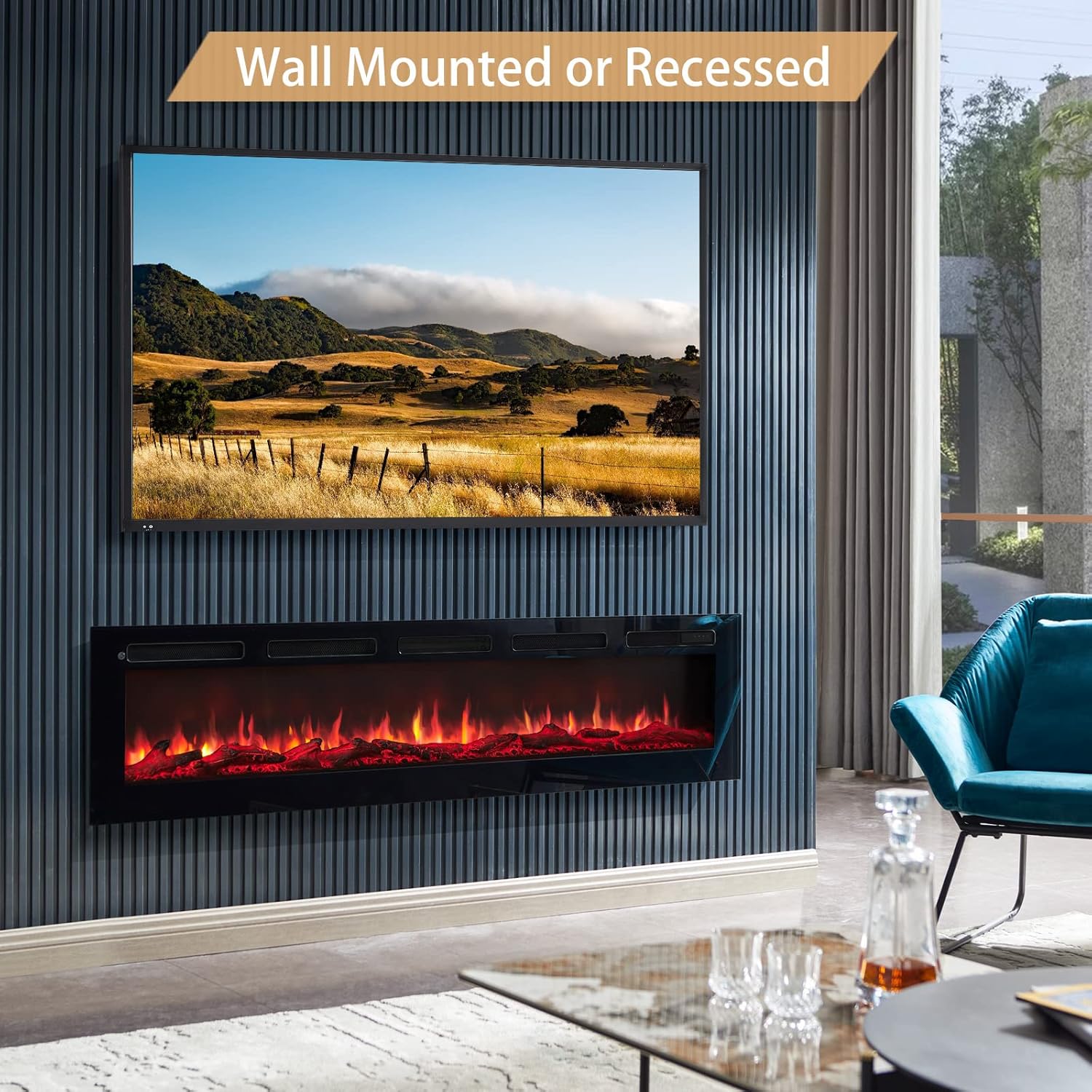 Wilton 70"/178cm Electric Fireplace, Wall Mounted, Recessed, Logs & Crystals Included, 9 Colour Flame Effect, Media Wall Compatible, 900W - 1800W Heater, Remote 178 cm Black