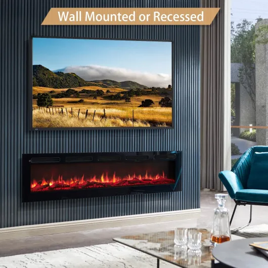 Wilton 70"/178cm Electric Fireplace, Wall Mounted, Recessed, Logs & Crystals Included, 9 Colour Flame Effect, Media Wall Compatible, 900W - 1800W Heater, Remote 178 cm Black