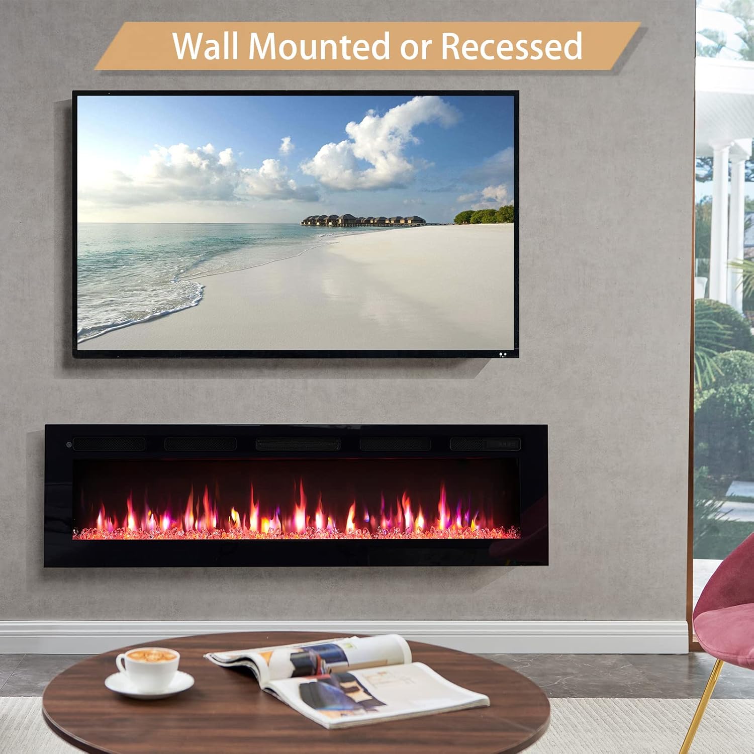 Wilton 60"/152cm Electric Fireplace, Wall Mounted, Recessed, Logs & Crystals Included, 9 Colour Flame Effect, Media Wall Compatible, 900W - 1800W Heater, Remote 152 cm Black
