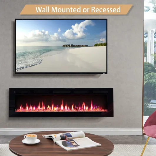 Wilton 60"/152cm Electric Fireplace, Wall Mounted, Recessed, Logs & Crystals Included, 9 Colour Flame Effect, Media Wall Compatible, 900W - 1800W Heater, Remote 152 cm Black