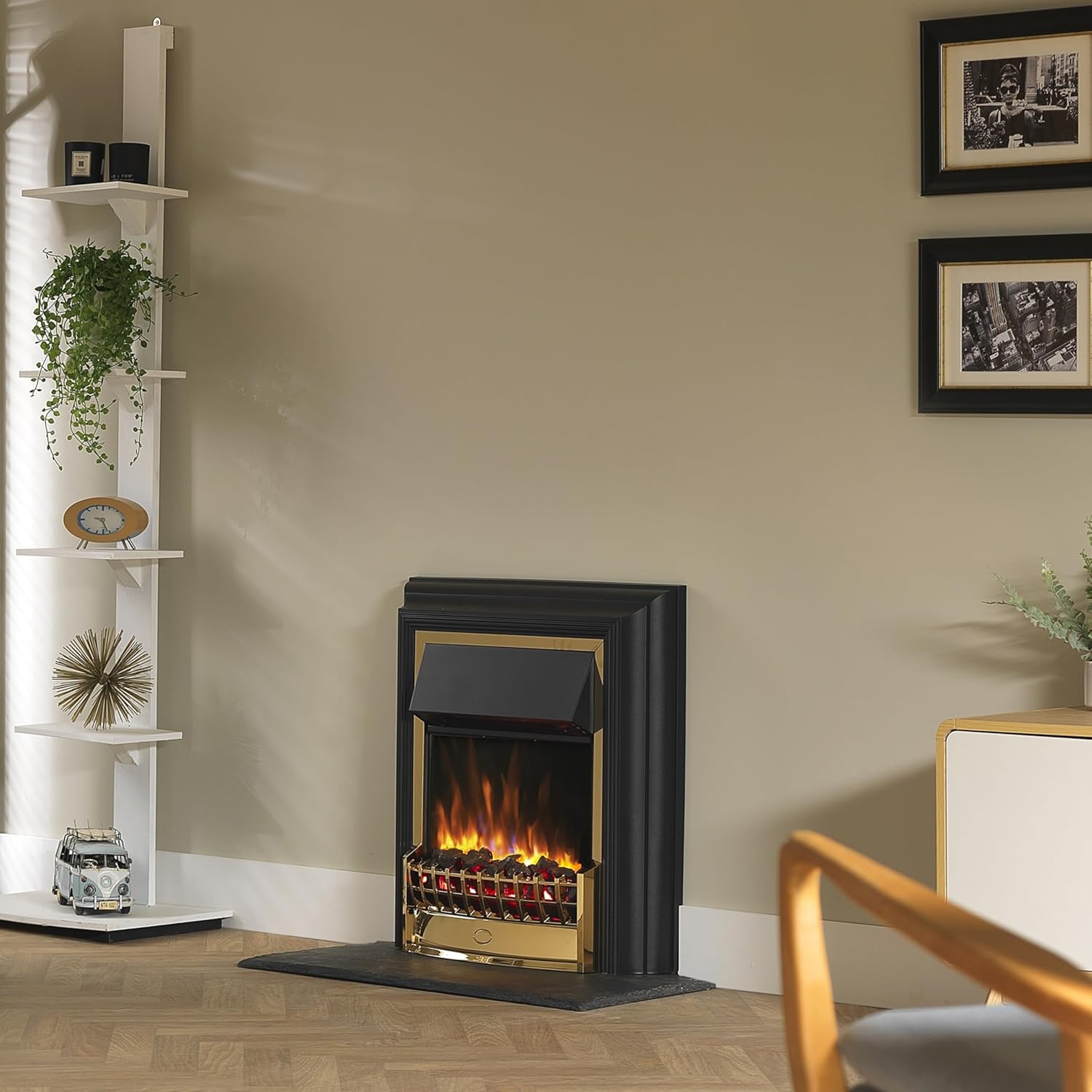 Cheriton Deluxe Optiflame Freestanding Electric Fire, Brass and Black Free Standing LED Flame Effect Electric Fireplace with Variable Flame Brightness, Coal Fuel Bed, Adjustable 2kW Heater