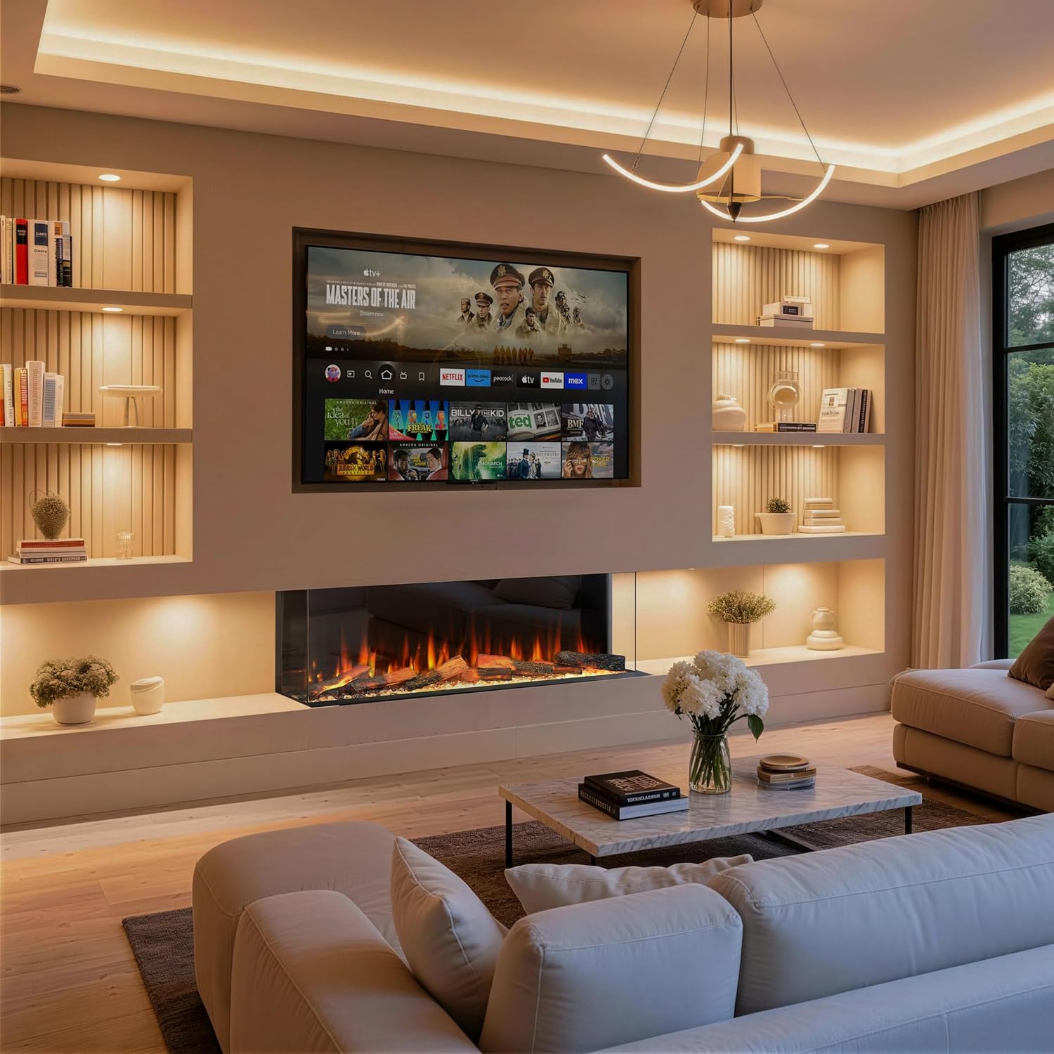 Endeavour Fires Deluxe Rosedale 3-Sided Media Wall Electric Fireplace, Smart Wi-Fi App & Remote Control, Fire Crackling Audio, Black Reflective Mirror, LED Log Set, 1.5kW Heater (60'') Deluxe 60"/1524