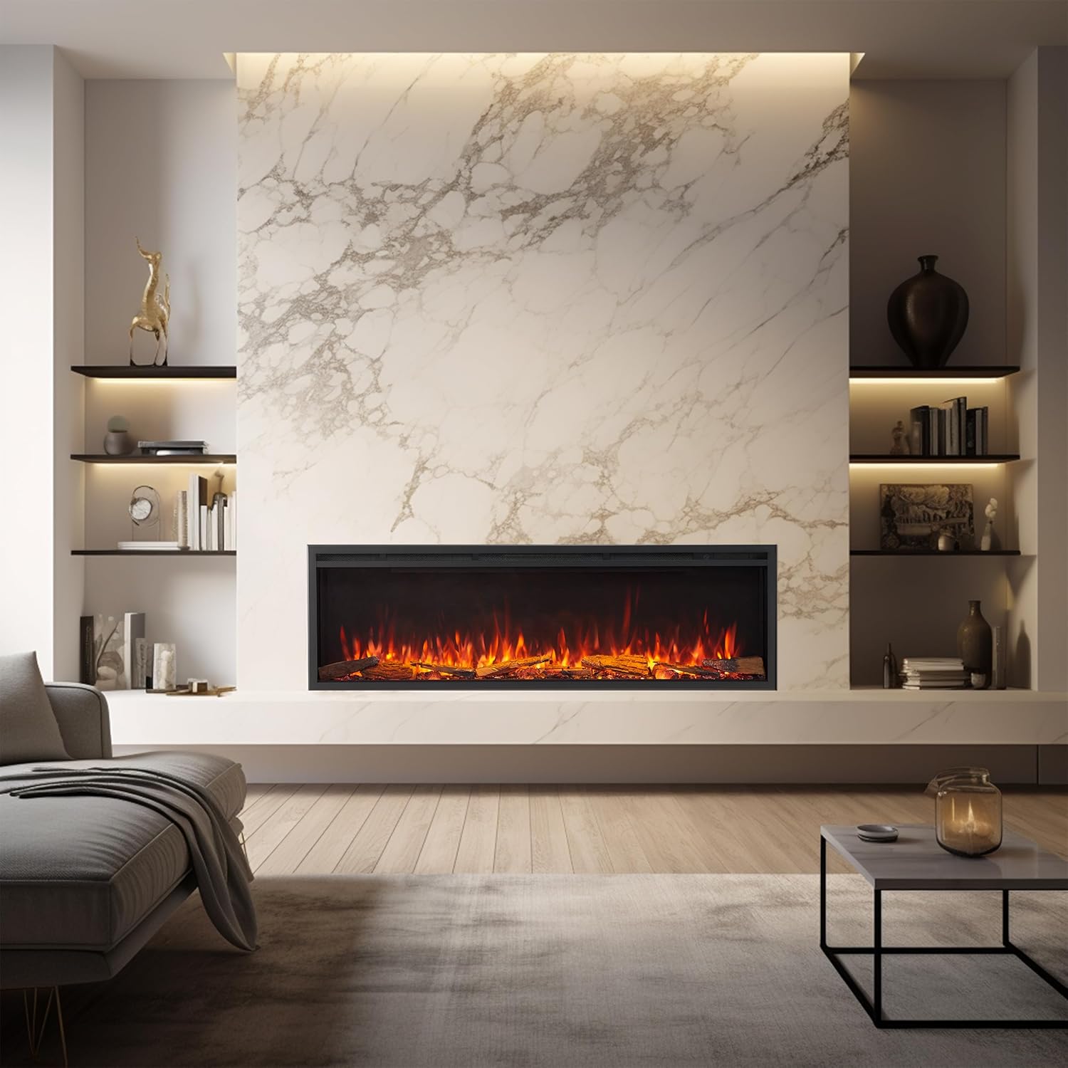 60"/152cm Castello Platinum Smart Inset Media Wall Electric Fireplace Compatible with Alexa and Google Assistant Deep Fuel Bed Perfect for Media Wall Xdeep Standard Log 60"/152cm
