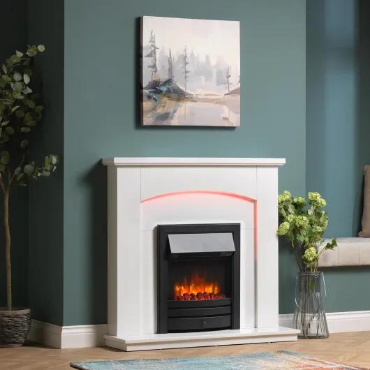Endeavour Fires New Cayton Electric 42"Fireplace Suite, fitted with Black Trim and Fret, 220/240Vac 1&2kW with 7 day Programmable Remote Control Heater in off white MDF Surround