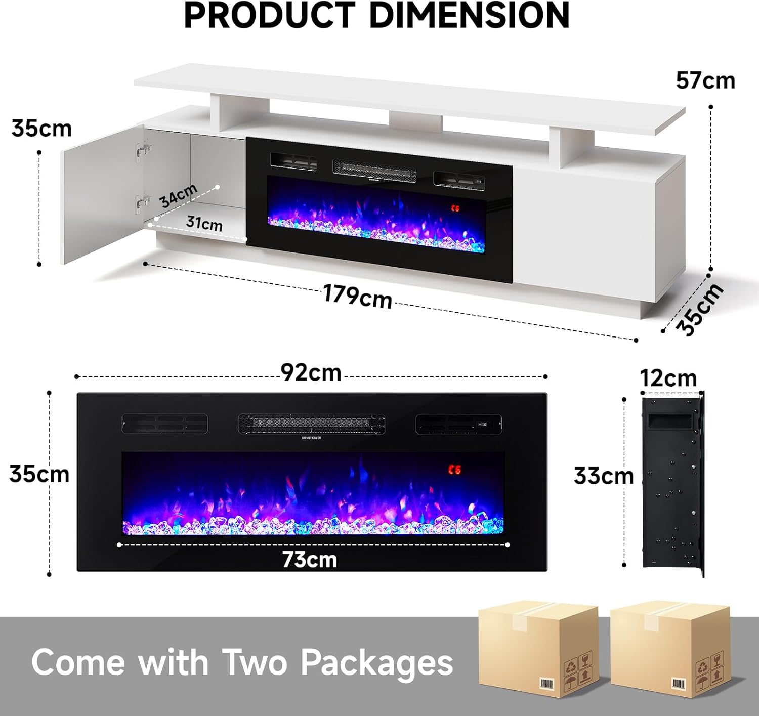 Electric Fire Insert TV Stand, 179cm Media Console Storage Table & 92cm Electric Fireplace with Remote Control, 12 LED Backlight, 12 Flame Colors, Temperature Adjustable, 900W&1800W-White