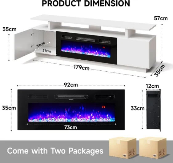 Electric Fire Insert TV Stand, 179cm Media Console Storage Table & 92cm Electric Fireplace with Remote Control, 12 LED Backlight, 12 Flame Colors, Temperature Adjustable, 900W&1800W-White