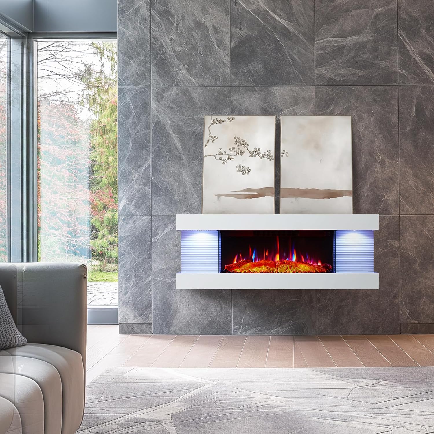 Atacama 44"/112cm Wall Mounted Electric Fireplace All-in-One with Downlights and Remote 1.8kW Heater in White 44"/112cm White