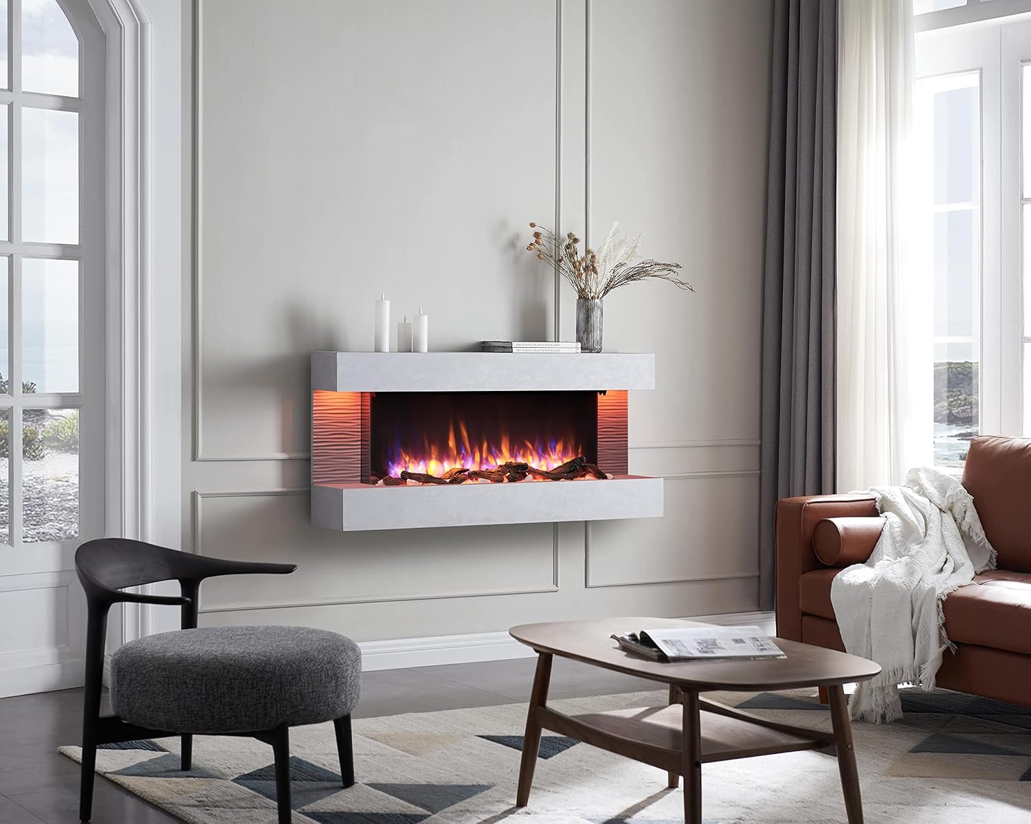 Kingston Wall Mounted Electric Fireplace up to 60" with 3 Flame Colours and 13 Mood Lighting Options 1.5kW Heater 50" Cement Grey 50"/127cm Cement Grey