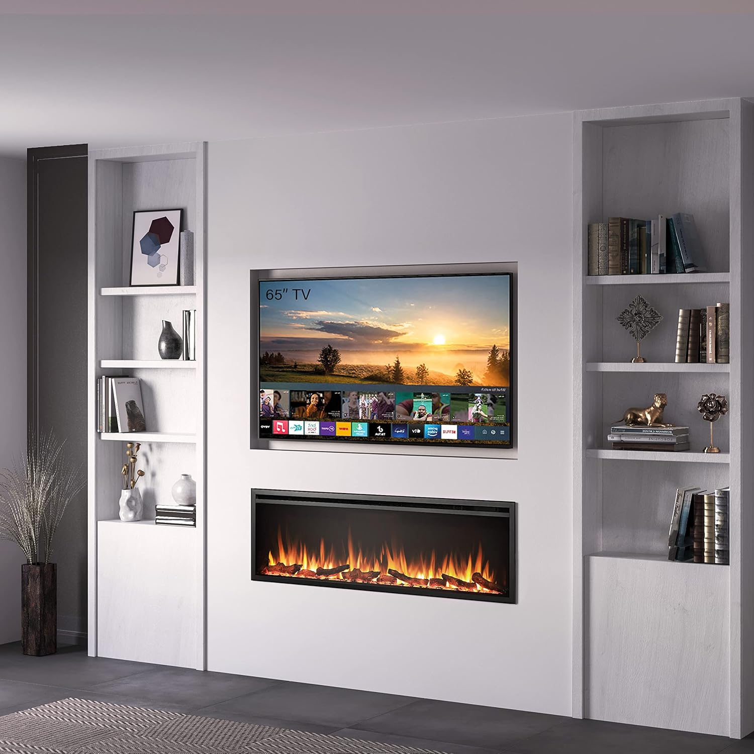 60"/152cm Castello Slim Frame Recessed Media Wall Inset Electric Fireplace with Multi Flame Colours 750W/1500W Black 60"/152cm