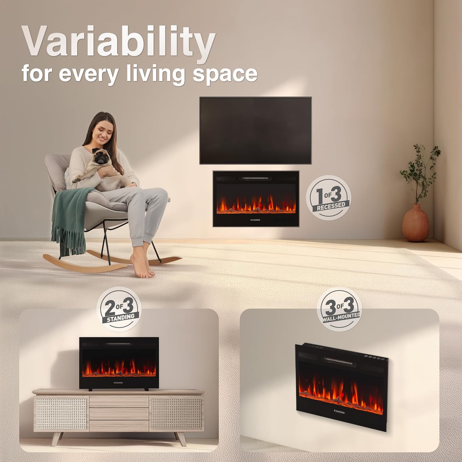Electric Fireplace MARLON - Electric 3-in-1 Fireplace with Heater, 3D Flame Effect, 12 Flame Colors, Remote Control (24 inch) 24 inch/61 cm