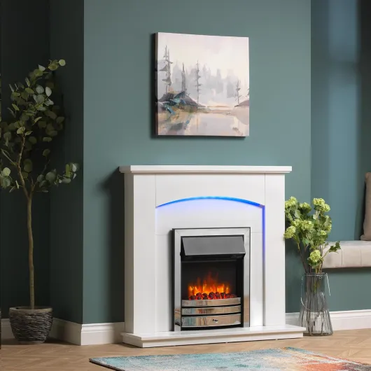 Endeavour Fires New Cayton Electric 42"Fireplace Suite, fitted with Chrome Trim and Fret, 220/240Vac 1&2kW with 7 day Programmable Remote Control Heater in off white MDF Surround