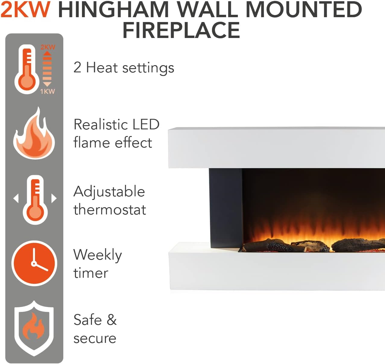 Warmlite Hingham Wall Mounted Fireplace with Two Heat Settings and Adjustable Flame Brightness, 2000W, White, WL45033N