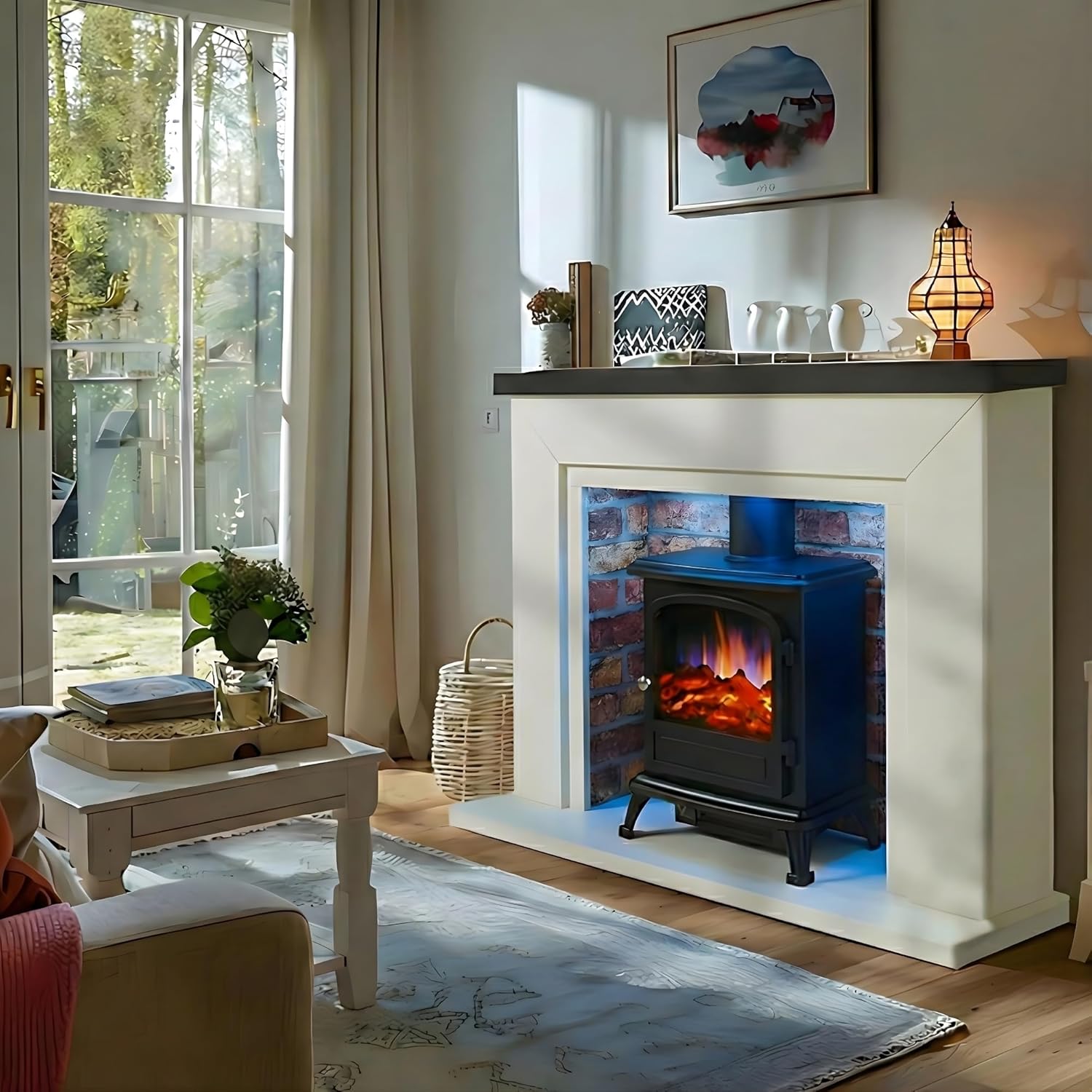Endeavour Fires Farlington Electric Fireplace, Black Log Burner Stove in 48’’ Off White Surround, LED Downlights with Remote Control (Grey Top/Rustic Brick) Grey Top + Traditional Brick