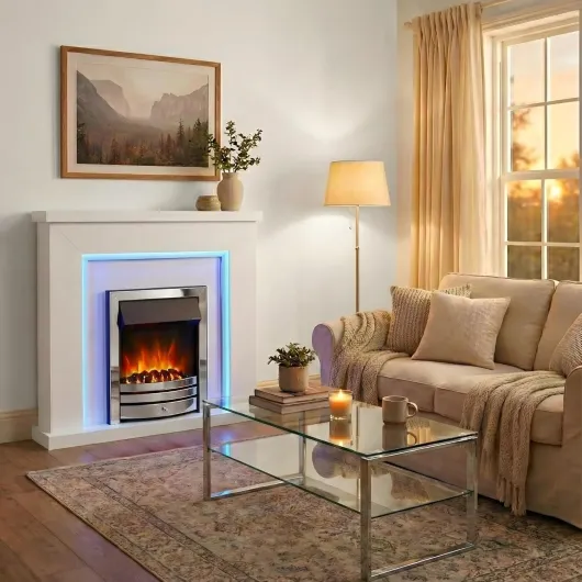 Endeavour Fires Bempton 42" Electric Fireplace Suite with Flame Effect & Coal Bed, Remote Control, Custom Surround, 13-Colour LED Lighting, Eco Heater, White Top/White Hearth/Chrome Fire