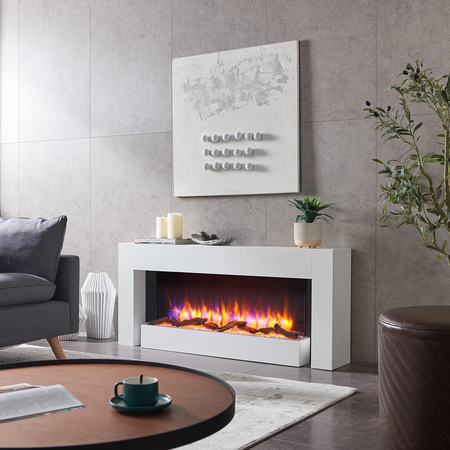 52" Freestanding Electric Fireplace, Kingston, White - With 2 Heat Settings 1kW-2kW, 3 LED Flame Colours and 13 Fuel Bed Lighting Options, Logs, pebbles and crystals included 52"/132cm White