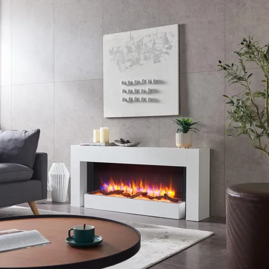 52" Freestanding Electric Fireplace, Kingston, White - With 2 Heat Settings 1kW-2kW, 3 LED Flame Colours and 13 Fuel Bed Lighting Options, Logs, pebbles and crystals included 52"/132cm White