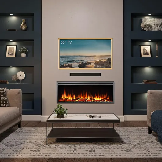 50"/127cm Castello Slim Frame Recessed Media Wall Inset Electric Fireplace with Multi Flame Colours 750W/1500W Black 50"/127cm