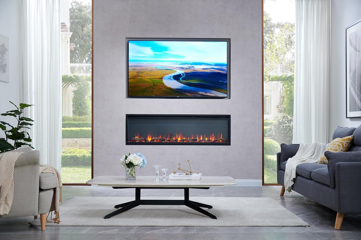 60" Media Wall Slim Frame Electric Fireplace, Avena, Black - With 750W-1.5kW Heater, Recessed/Wall Mounted/Freestanding Electric Fire, 9 LED Colour Flame Options, with Logs & Crystals 153 centimeters Black
