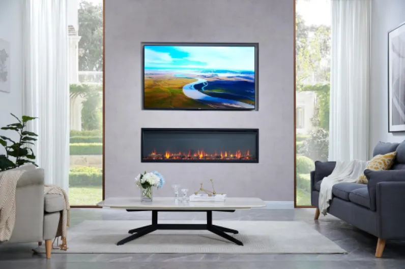 60" Media Wall Slim Frame Electric Fireplace, Avena, Black - With 750W-1.5kW Heater, Recessed/Wall Mounted/Freestanding Electric Fire, 9 LED Colour Flame Options, with Logs & Crystals 153 centimeters Black