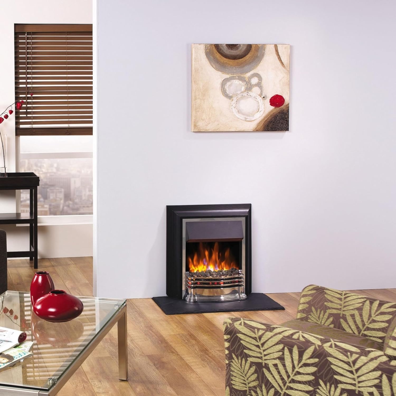 Detroit Deluxe Optiflame Freestanding Fire, Chrome Electric Fireplace with LED Flame Effect, Variable Flame Brightness, Real Coal or White Pebbles, 2kW Fan Heater and 1000/2000 Watt Settings Silver