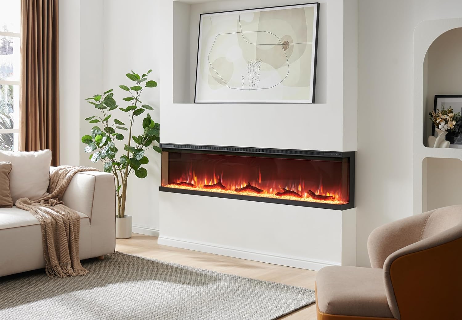 70" Wall Mounted Electric Fireplace, Leura, Black - With 900W-1.8kW Heater, 8 Colour LED Flame Effect, 3-Sided Panoramic View, Remote Control, Logs & Crystals Included 183cm/70" Decorative Logset Black